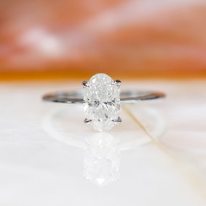 Thin Band Oval Diamond Engagement Ring, Genuine Natural Diamond Ring, Dainty White Gold Engagement Ring