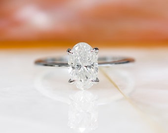 Thin Band Oval Diamond Engagement Ring, Genuine Natural Diamond Ring, Dainty White Gold Engagement Ring