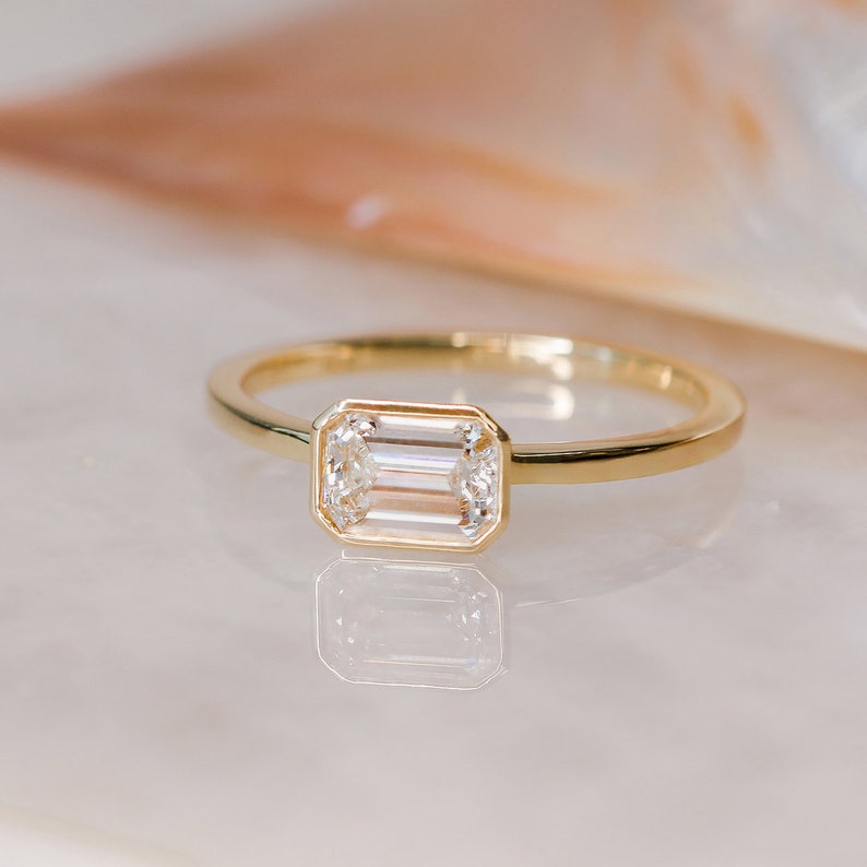 Emerald Bezel Diamond Engagement Ring Emerald and Baguette | Etsy