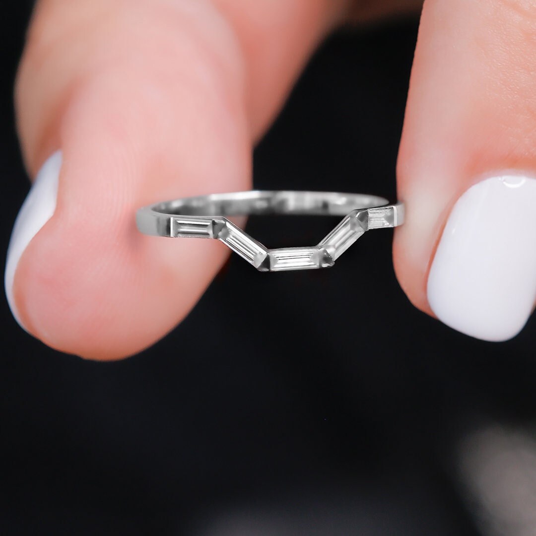 Baguette Passender Ring, Baguette Diamant Band, Bogen Diamant Ehering Bandring, Art Deco Passender Goldring