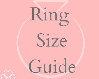 May include: A pink background with a white diamond ring graphic and the text "Ring Size Guide".