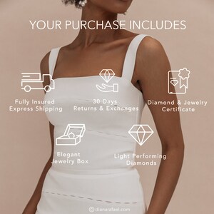 K&ouml;nnte beinhalten: Ein wei&szlig;es Kleid mit einer grafischen Illustration eines Lastwagens, einer Hand, die einen Diamanten h&auml;lt, einem Telefon mit einem Diamanten und einem Band, einer Schmuckschatulle und einem Diamanten. Der Text "YOUR PURCHASE INCLUDES" befindet sich oben im Bild. Der Text "Fully Insured Express Shipping", "30 Days Returns & Exchanges", "Diamond & Jewelry Certificate", "Elegant Jewelry Box", "Light Performing Diamonds" und "dianarafael.com" befindet sich unter den Illustrationen.