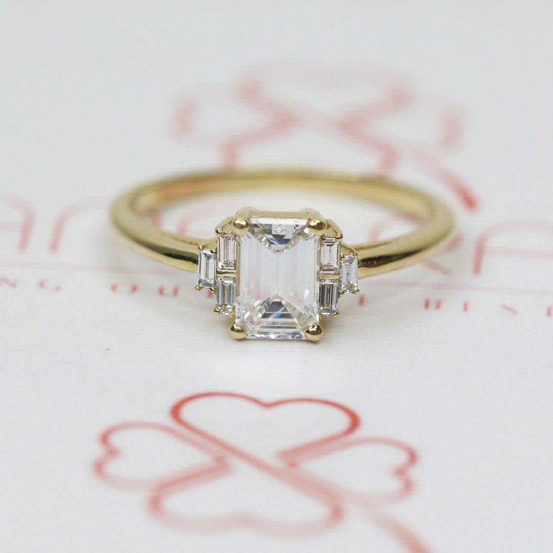Minimalist 1 Carat Emerald Cut Diamond Ring With Baguettes Anniversary ...