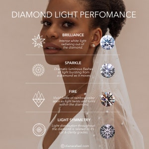 Puede incluir: Diagrama que ilustra los cuatro aspectos principales del rendimiento de la luz del diamante: brillo, chispa, fuego y simetr&iacute;a de la luz. Cada aspecto est&aacute; representado por un icono estilizado y una breve descripci&oacute;n.