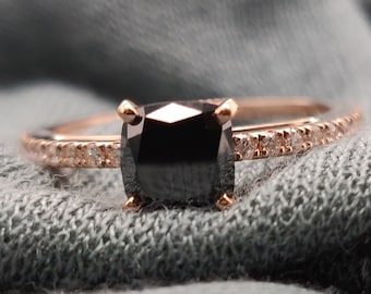 Alternative Engagement Ring, Cushion Cut Black Diamond Ring, Unique Black Engagement Ring