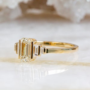 1.11 Carats Emerald Cut Diamond Engagement Ring, Emerald & Baguettes Real Diamond Ring, Yellow Gold Diamond Ring, Elongate Diamond Ring image 5