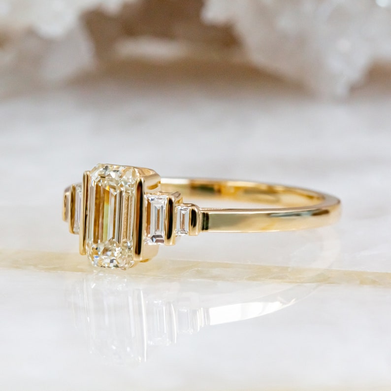 1.11 Carats Emerald Cut Diamond Engagement Ring, Emerald & Baguettes Real Diamond Ring, Yellow Gold Diamond Ring, Elongate Diamond Ring image 5