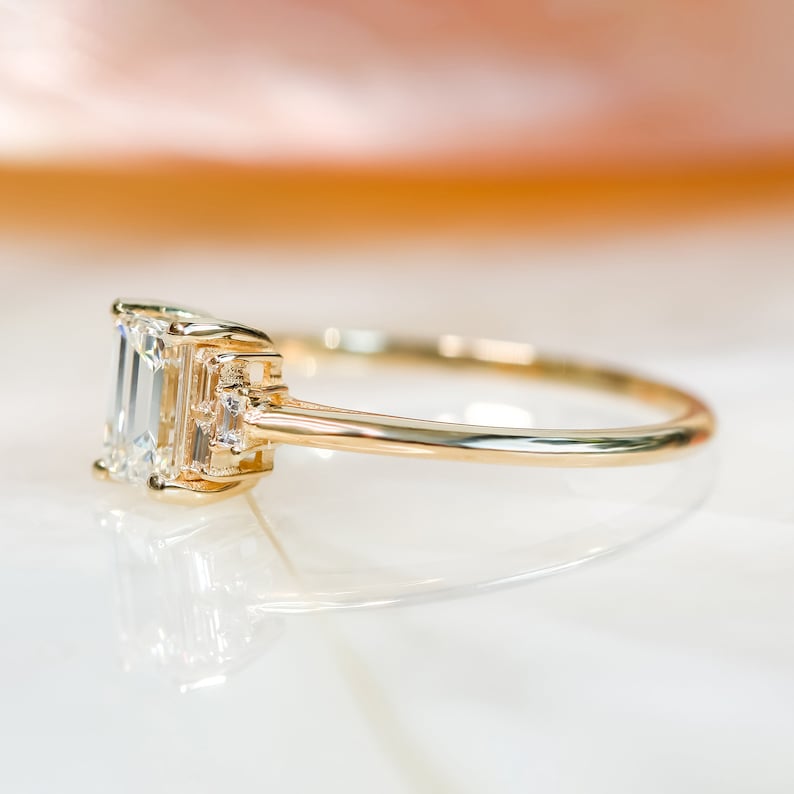 Emerald Cut Diamond Ring, Emerald And Baguette Diamond Ring, 1 Carat Emerald Cut Engagement Ring image 6