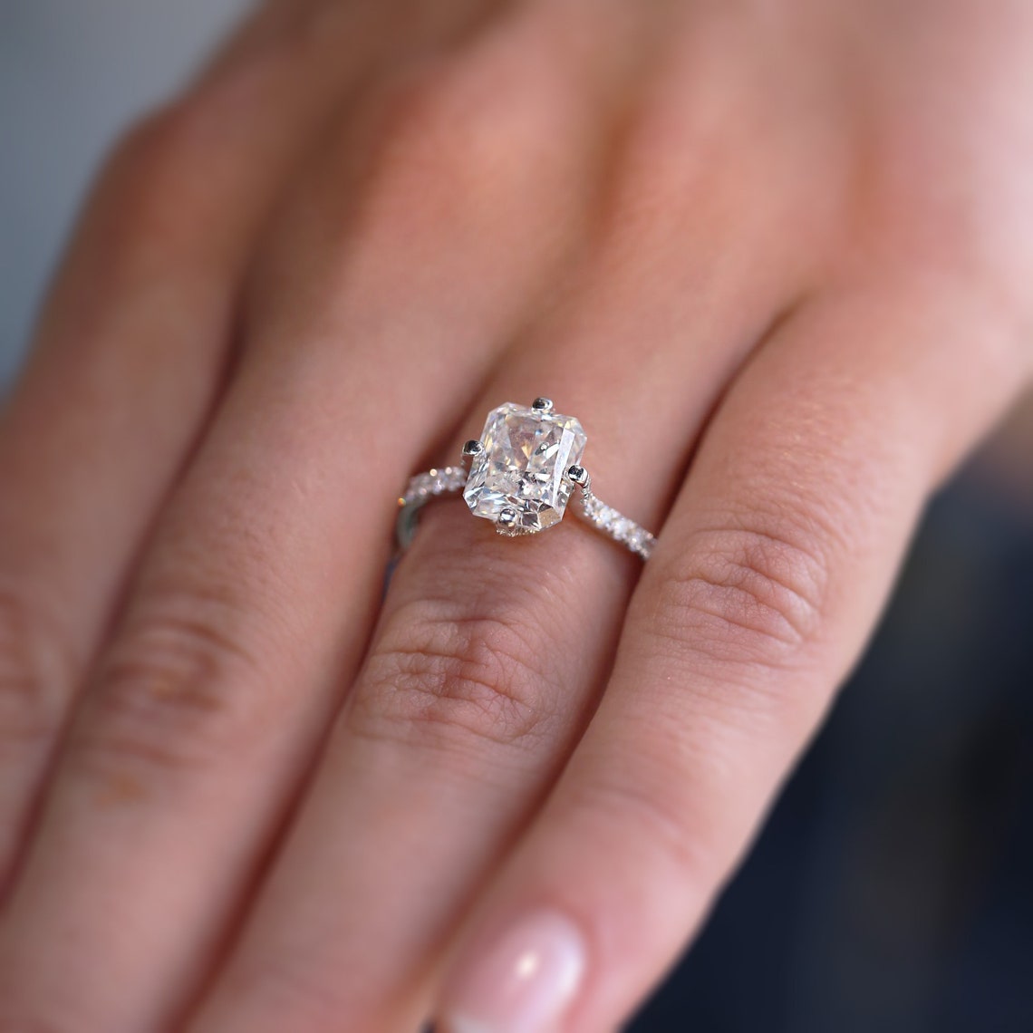 Radiant Diamond Engagement Ring Radiant Cut 14K White Gold | Etsy