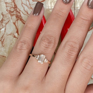 1.11 Carats Emerald Cut Diamond Engagement Ring, Emerald & Baguettes Real Diamond Ring, Yellow Gold Diamond Ring, Elongate Diamond Ring image 1