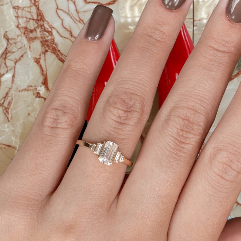 1.11 Carats Emerald Cut Diamond Engagement Ring, Emerald & Baguettes Real Diamond Ring, Yellow Gold Diamond Ring, Elongate Diamond Ring image 1