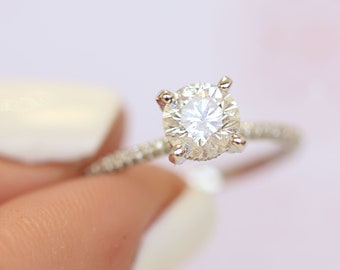 2 Carat Engagement Ring, Hidden Halo Engagement Ring, Lower Halo Diamond Ring, 14K White Gold