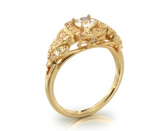 Yellow Gold Diamond Ring, Art Deco Diamond Ring Women, 14k Gold Diamond Ring, Round Diamond Engagement Ring, Multi Diamond Engagement Ring