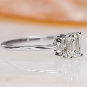 14k White Gold Diamond Ring, Designer Jewelry, Emerald Cut Diamond Ring, Diamond Engagement Ring, Natural Diamond Ring,Art Deco Diamond Ring