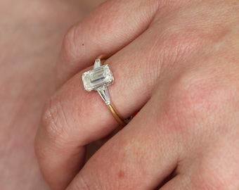 Emerald Cut Diamond Engagement Ring, 3 Stone Diamond Ring, Natural Diamond Ring, Handmade Diamond Ring, 14k Gold Emerald Cut Diamond Ring
