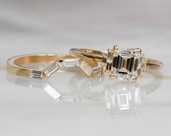 Bridal Set, 1.65 Carats, Emerald Cut Engagement Ring, Yellow Gold, Natural Diamonds, Geometric, Baguette Band, Matching Band