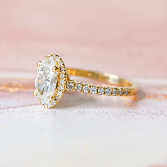 1 Carat Oval Diamond Ring, Oval Halo Engagement Ring, 14K Yellow Diamond Ring, Unique Diamond Engagement Ring, Diamond Wedding Jewelry