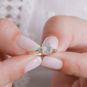 Emerald Cut Diamond Ring, Emerald And Baguette Diamond Ring, 1 Carat Emerald Cut Engagement Ring image 5