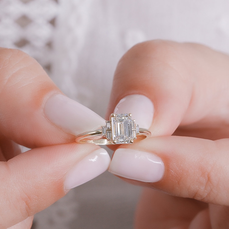 Emerald Cut Diamond Ring, Emerald And Baguette Diamond Ring, 1 Carat Emerald Cut Engagement Ring image 5