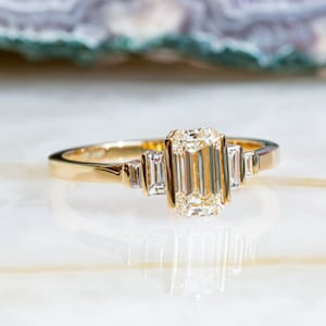 1.11 Carats Emerald Cut Diamond Engagement Ring, Emerald & Baguettes Real Diamond Ring, Yellow Gold Diamond Ring, Elongate Diamond Ring image 8