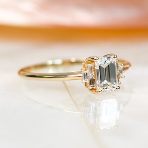 Emerald Cut Diamond Ring, Emerald And Baguette Diamond Ring, 1 Carat Emerald Cut Engagement Ring image 1