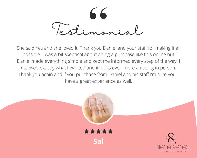 K&ouml;nnte beinhalten: Ein Testimonial von einem Kunden namens Sal, der mit seinem Kauf zufrieden ist. Das Testimonial lautet: "Sie sagte Ja und sie hat es geliebt. Vielen Dank Daniel und deinem Team, dass ihr das alles m&ouml;glich gemacht habt. Ich war etwas skeptisch, einen Kauf wie diesen online zu t&auml;tigen, aber Daniel hat alles einfach gemacht und mich bei jedem Schritt auf dem Laufenden gehalten. Ich habe genau das bekommen, was ich wollte, und es sieht in Person noch viel beeindruckender aus. Vielen Dank nochmal und wenn du bei Daniel und seinem Team kaufst, bin ich sicher, dass du eine tolle Erfahrung machen wirst."