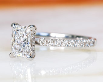 14k White Gold Diamond Engagement Ring, Radiant Cut Diamond Ring, Hidden Halo Diamond Engagement Ring, 14k Gold Radiant Cut Engagement Ring