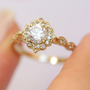 14k Gelbgold Diamant Ring, Rundschliff Diamant Verlobungsring, Einzigartige Naturdiamant Ring, Art-Deco-Diamantring Frauen, Naturdiamanten