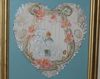 Framed Victorian heart greeting card, post card, girl, kitten, valentine,