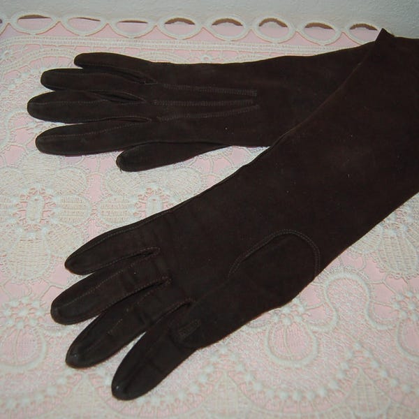 Suede gloves, made in Argentina,  brown, long, small, fine stitching, craftmanship, ultra suede, soft, buttery