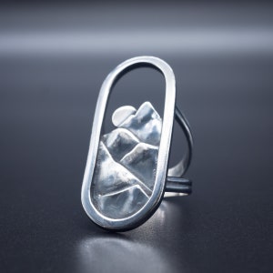 Elevation Ring | Tall Mountain Landscape Ring in .999\.925 Silver | Size 8.5 | Handmade in Ashland, Oregon, USA