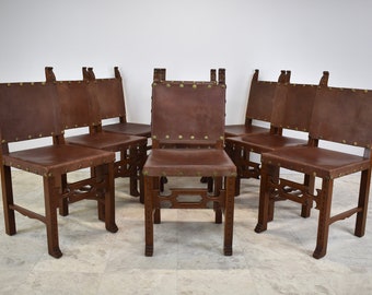 Vintage Spanish Colonial Style Studded Leather + Wood Dining Chairs - Set of 8