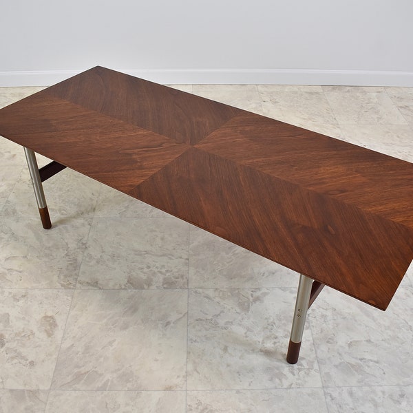 1960s Jack Cartwright For Founders Mid Century Walnut + Metal Coffee Table