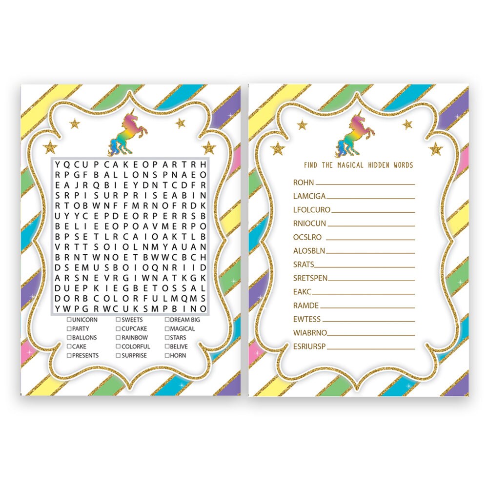 set unicorn scramble word search party games instant etsy