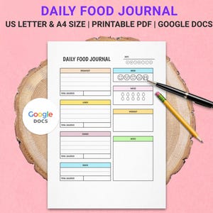 Diario de comidas imprimible, diario de alimentos colorido y planificador semanal de comidas, registro diario de alimentos, planificador digital, diario de dieta para mujeres, tamaño carta (EE. UU.), A4