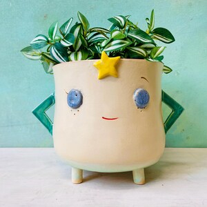 Puede incluir: Una maceta de cerámica de color crema con una cara de dibujos animados, con ojos azules de botón, una sonrisa roja y una estrella amarilla. La maceta tiene brazos y piernas verdes y está llena de una vibrante planta verde y blanca.