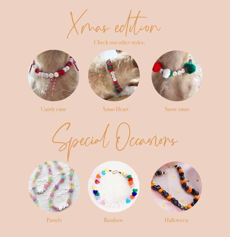 Puede incluir: Una colecci&oacute;n de collares de perro con cuentas de colores con diferentes temas, incluyendo bast&oacute;n de caramelo, coraz&oacute;n de Navidad, Navidad con nieve, pasteles, arco&iacute;ris y Halloween. El texto "Xmas edition" y "Check our other styles" se muestra encima de los collares. El texto "Special Occasions" se muestra debajo de los collares.