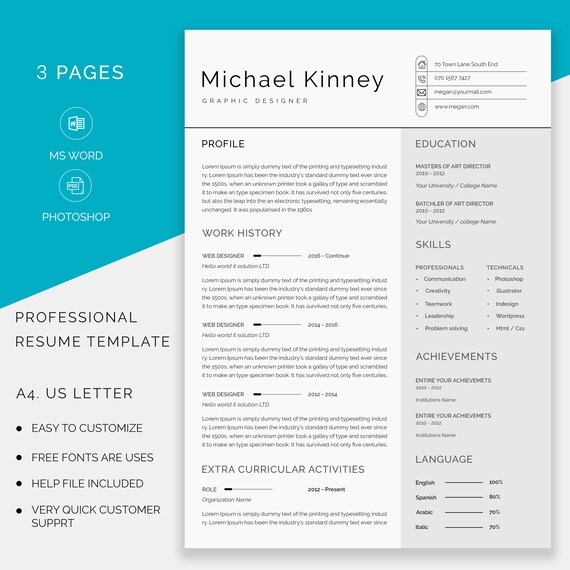 Professional Resume Template Modern Resume Template Creative - Etsy