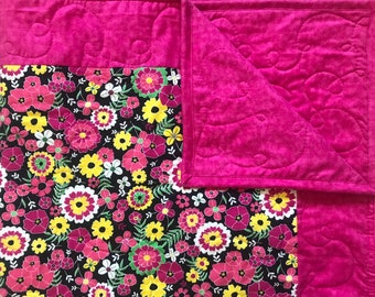 Flannel Floral Quilt, Flannel Pink and yellow Floral Throw, Flannel Blanket, Women’s Quilt