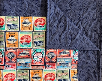 Flannel Car Quilt, Mechanics Quilt, Mens Quilt, Handmade Flannel Throw Quilt