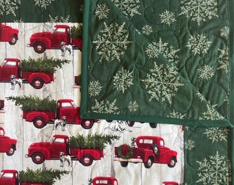 Handmade Flannel Christmas Quilt: Red Christmas Truck Design, green snowflake quilt