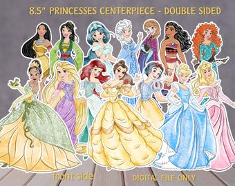 Centralny element dekoracji stołu z akwarelowymi księżniczkami, rekwizyty do zdjęć księżniczek, dwustronne, TYLKO PLIK CYFROWY