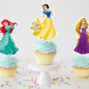 Princesa Cupcake Toppers, Blancanieves, Belle Toppers, Decoración de fiesta temática de cumpleaños, Decoración de pared