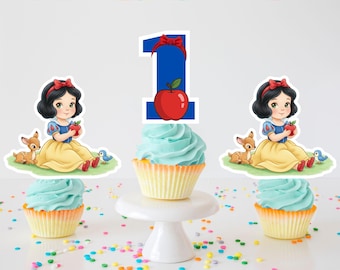 Watercolor Birthday Baby Princess Snow White Cupcake Toppers, Apple Birthday Party Decorations