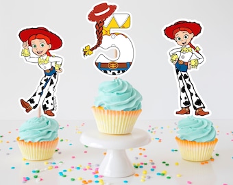 May include: Three cupcake toppers featuring a cartoon character dressed as a cowgirl. The character is wearing a red hat, a yellow shirt, blue jeans, and brown boots. The toppers are on top of cupcakes with blue frosting and yellow wrappers. The cupcakes are on a white cake stand.