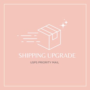 May include: A light pink square graphic featuring a white line-art icon of a moving cardboard box with motion lines and a sparkle. The text reads SHIPPING UPGRADE in large letters and USPS PRIORITY MAIL in smaller letters below the box icon.