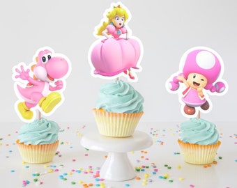 Princess Peach, Pink Yoshi and Toadette Cupcake Toppers, Peach Birthday Cupcake Toppers, Peach Inspired Party