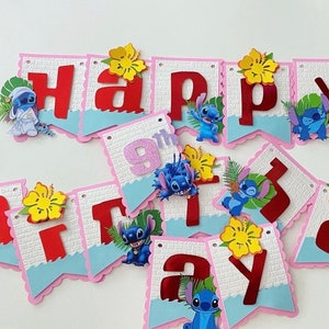 Stitch Inspired Happy Birthday Banner, Pink Banner, Lilo and Stitch Theme Banner