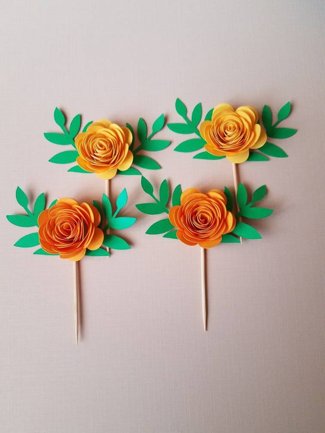 Set of 10 Yellow Paper Flower W/leaves Cupcake Topper Cake Etsy