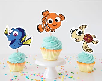 Set of Nemo Fish Cupcake Toppers, Under the Sea Party Decoration, Fish Food Topper, Sharks Cupcake Toppers